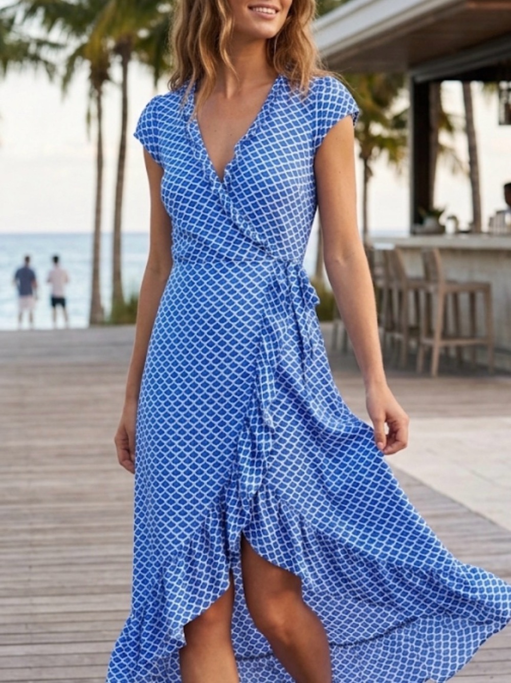 2birds Dubai Ruffle High-Low Wrap Dress - Blue & White Mermaid Scale S/M